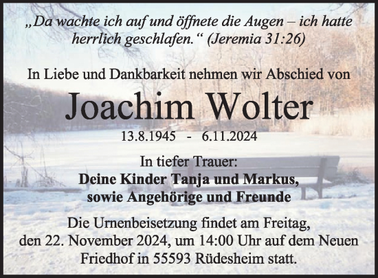 Traueranzeige von Joachim Wolter von WochenSpiegel