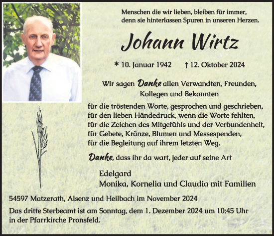 Traueranzeige von Johann Wirtz von WochenSpiegel