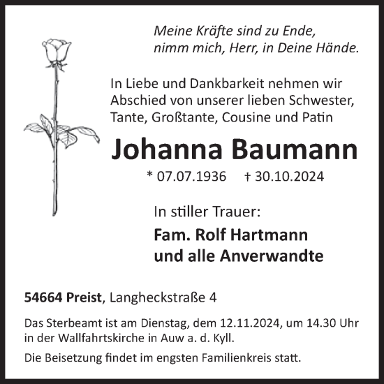 Traueranzeige von Johanna Baumann von WochenSpiegel