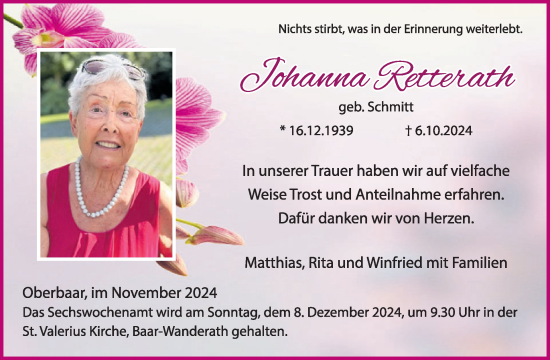 Traueranzeige von Johanna Retterath  von WochenSpiegel