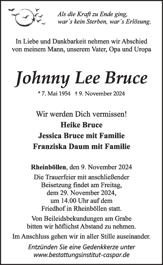 Traueranzeige von Johnny Lee Bruce von WochenSpiegel