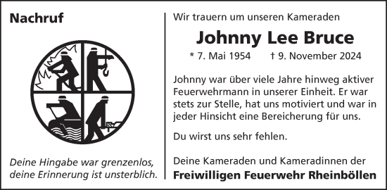 Traueranzeige von Johnny Lee Bruce von WochenSpiegel