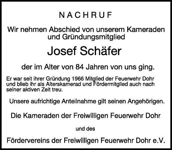 Traueranzeige von Josef Schäfer von WochenSpiegel