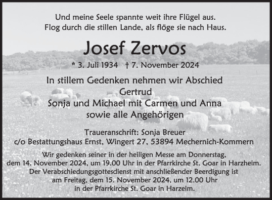 Traueranzeige von Josef Zervos von WochenSpiegel