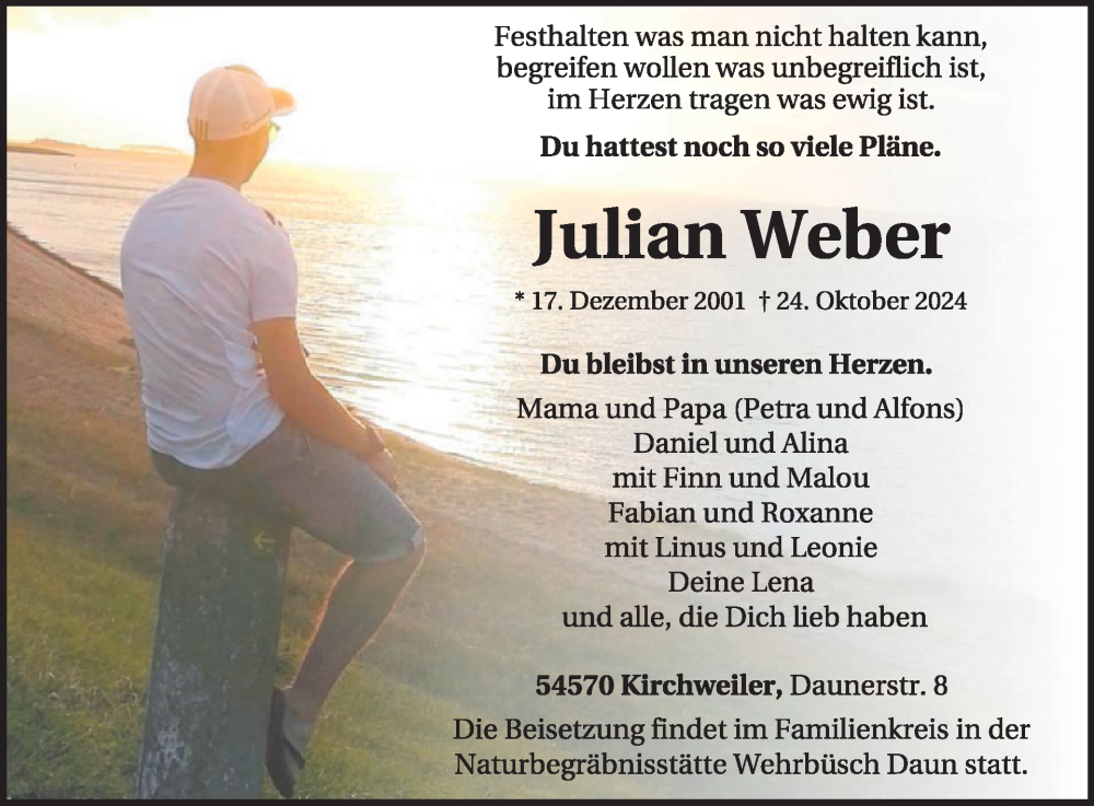  Traueranzeige für Julian Weber vom 09.11.2024 aus WochenSpiegel