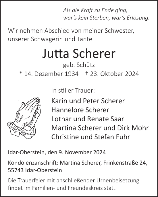 Traueranzeige von Jutta Scherer von WochenSpiegel