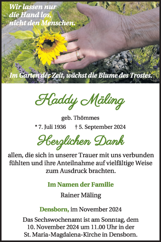 Traueranzeige von Kaddy Mäling von WochenSpiegel