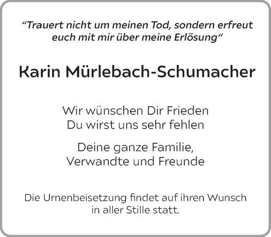 Traueranzeige von Karin Mürlebach-Schumacher von WochenSpiegel