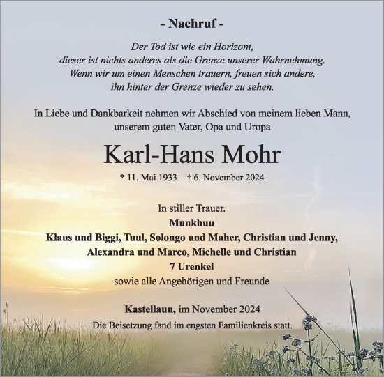 Traueranzeige von Karl-Hans Mohr von WochenSpiegel