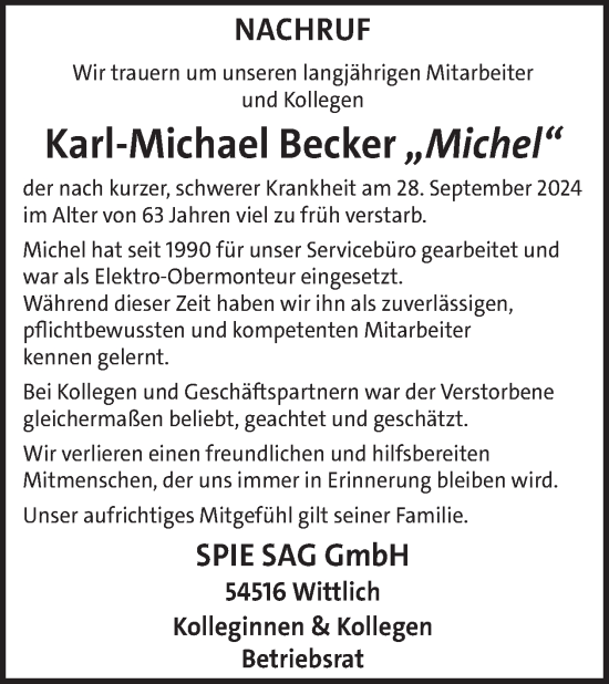 Traueranzeige von Karl-Michael Becker von WochenSpiegel