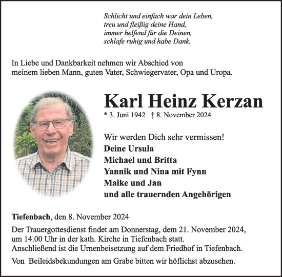 Traueranzeige von Karl Heinz Kerzan von WochenSpiegel