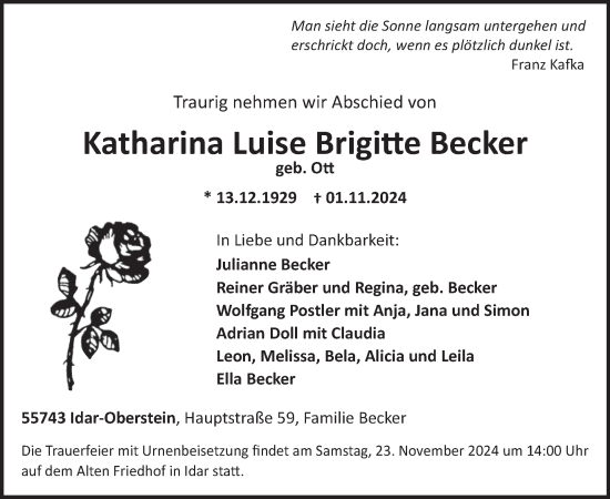 Traueranzeige von Katharina Luise Brigitte Becker von WochenSpiegel