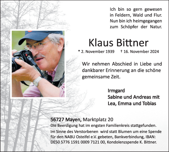 Traueranzeige von Klaus Bittner von WochenSpiegel