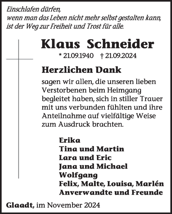 Traueranzeige von Klaus Schneider von WochenSpiegel