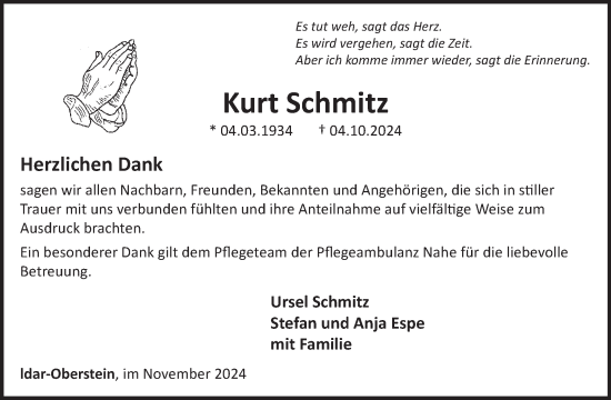 Traueranzeige von Kurt Schmitz von WochenSpiegel