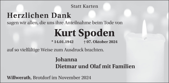 Traueranzeige von Kurt Spoden von WochenSpiegel