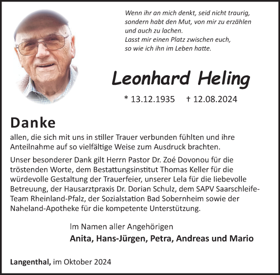 Traueranzeige von Leonhard Heling von WochenSpiegel