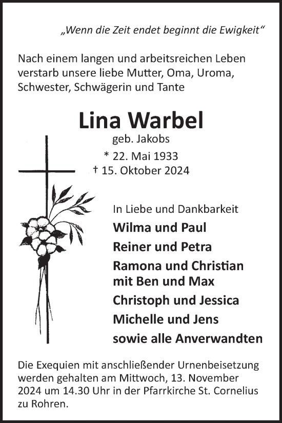 Traueranzeige von Lina Warbel von WochenSpiegel