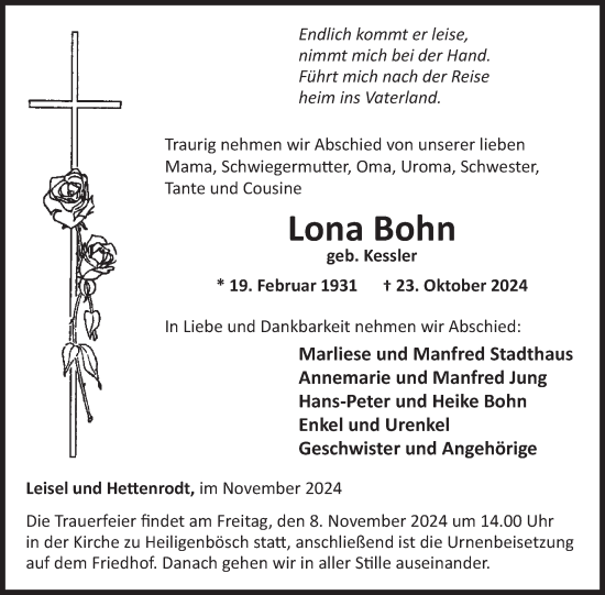 Traueranzeige von Lona Bohn von WochenSpiegel