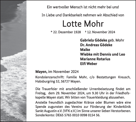 Traueranzeige von Lotte Mohr von WochenSpiegel