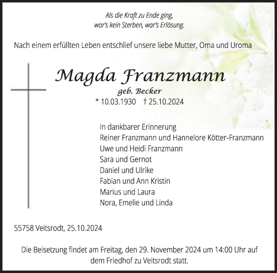 Traueranzeige von Magda Franzmann von WochenSpiegel