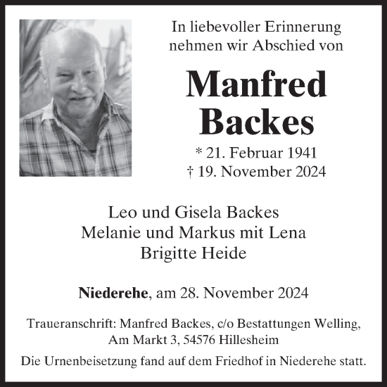 Traueranzeige von Manfred Backes von WochenSpiegel