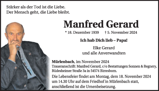 Traueranzeige von Manfred Gerard von WochenSpiegel