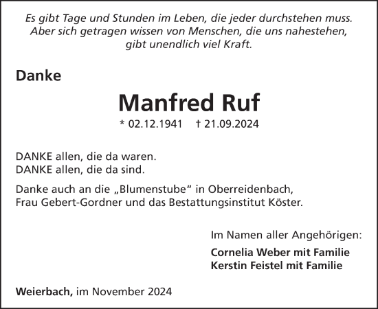 Traueranzeige von Manfred Ruf von WochenSpiegel