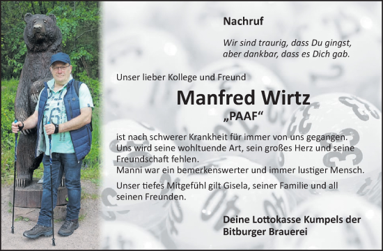 Traueranzeige von Manfred Wirtz von WochenSpiegel