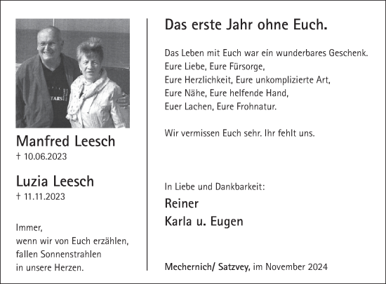 Traueranzeige von Manfred und Luzia Leesch von WochenSpiegel