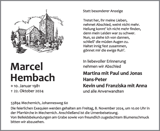 Traueranzeige von Marcel Hembach von WochenSpiegel