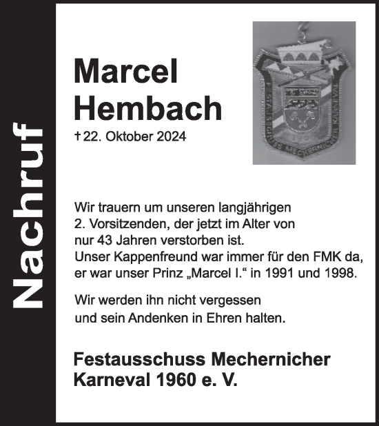 Traueranzeige von Marcel Hembach von WochenSpiegel