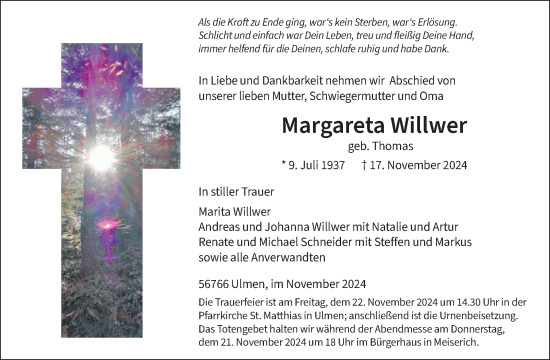 Traueranzeige von Margareta Willwer von WochenSpiegel