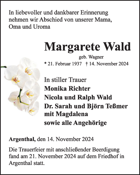 Traueranzeige von Margarete Wald von WochenSpiegel