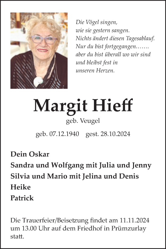 Traueranzeige von Margit Hieff von WochenSpiegel