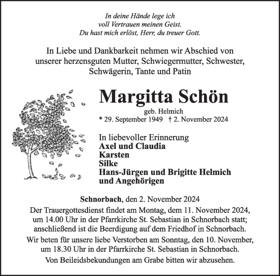 Traueranzeige von Margitta Schön von WochenSpiegel