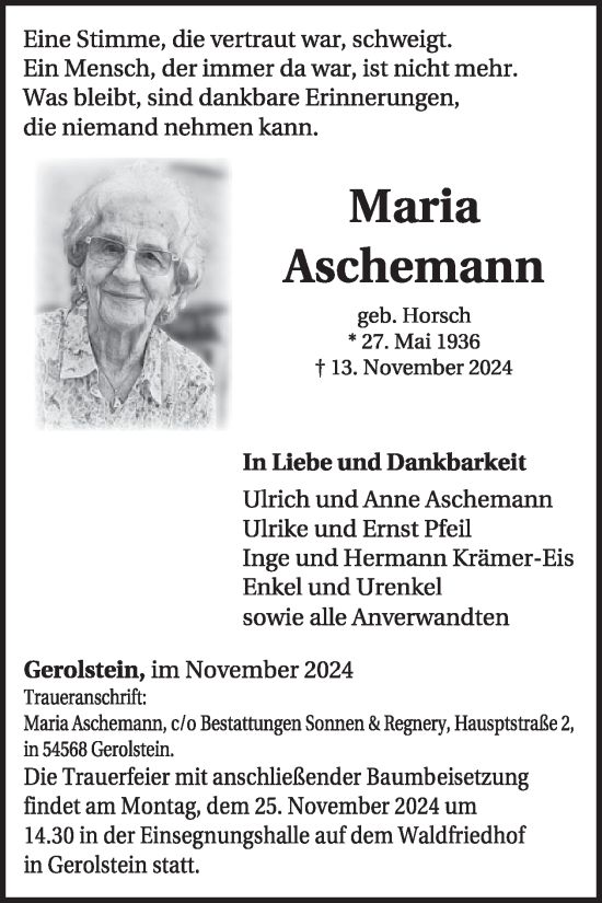 Traueranzeige von Maria Aschemann von WochenSpiegel