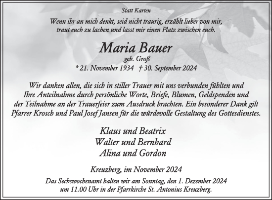 Traueranzeige von Maria Bauer von WochenSpiegel