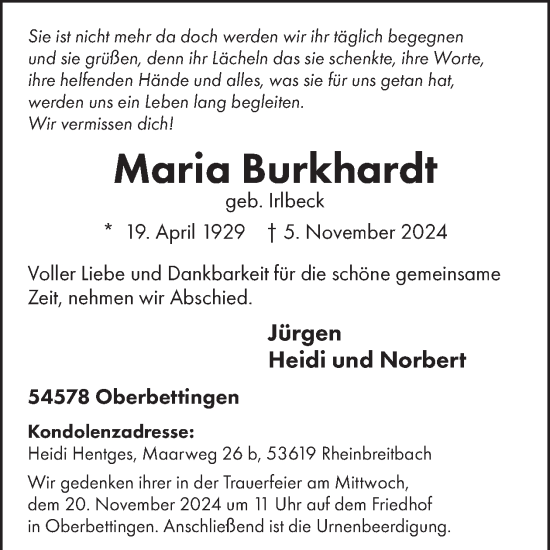 Traueranzeige von Maria Burkhardt von WochenSpiegel