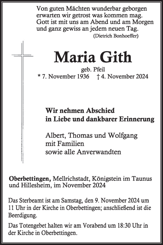 Traueranzeige von Maria Gith von WochenSpiegel