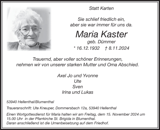 Traueranzeige von Maria Kaster von WochenSpiegel