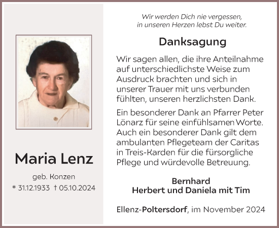 Traueranzeige von Maria Lenz von WochenSpiegel