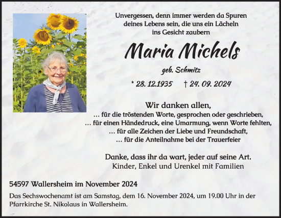 Traueranzeige von Maria Michels von WochenSpiegel