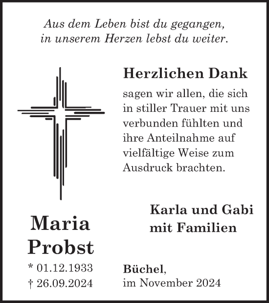 Traueranzeige von Maria Probst von WochenSpiegel