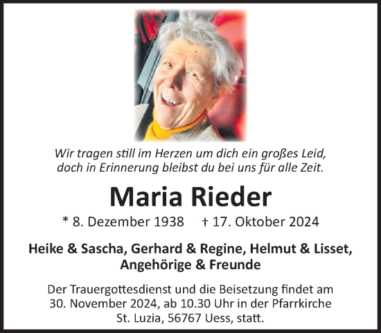 Traueranzeige von Maria Rieder von WochenSpiegel