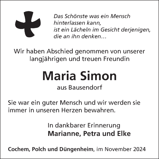 Traueranzeige von Maria Simon von WochenSpiegel