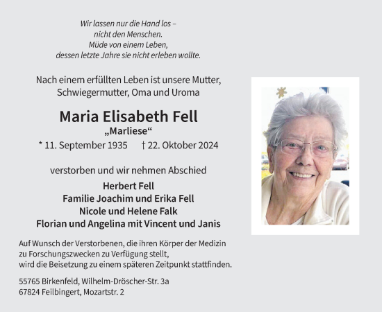 Traueranzeige von Maria Elisabeth Fell von WochenSpiegel