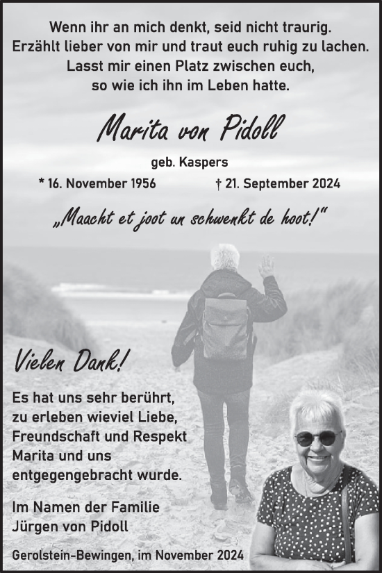 Traueranzeige von Marita von Pidoll von WochenSpiegel