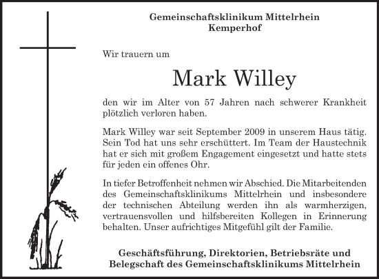 Traueranzeige von Mark Willey von WochenSpiegel