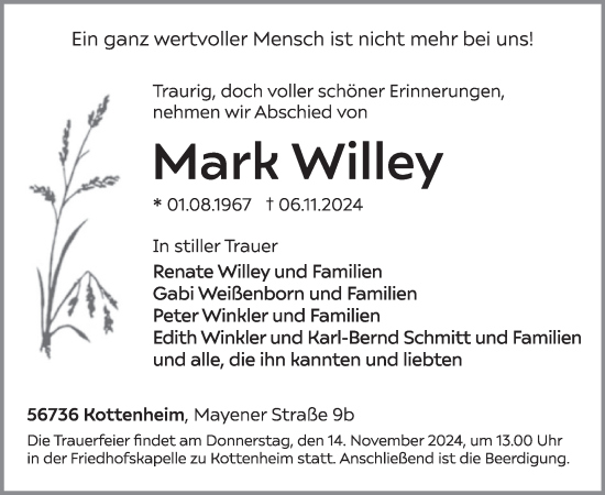 Traueranzeige von Mark Willey von WochenSpiegel